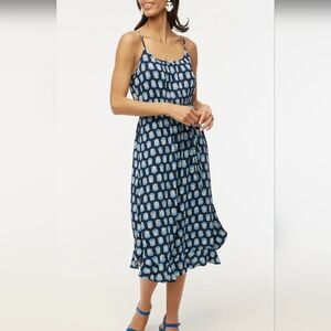 J.CREW Ruffle Midi Dress W/ Curve Hem. Blue Print. Size 8